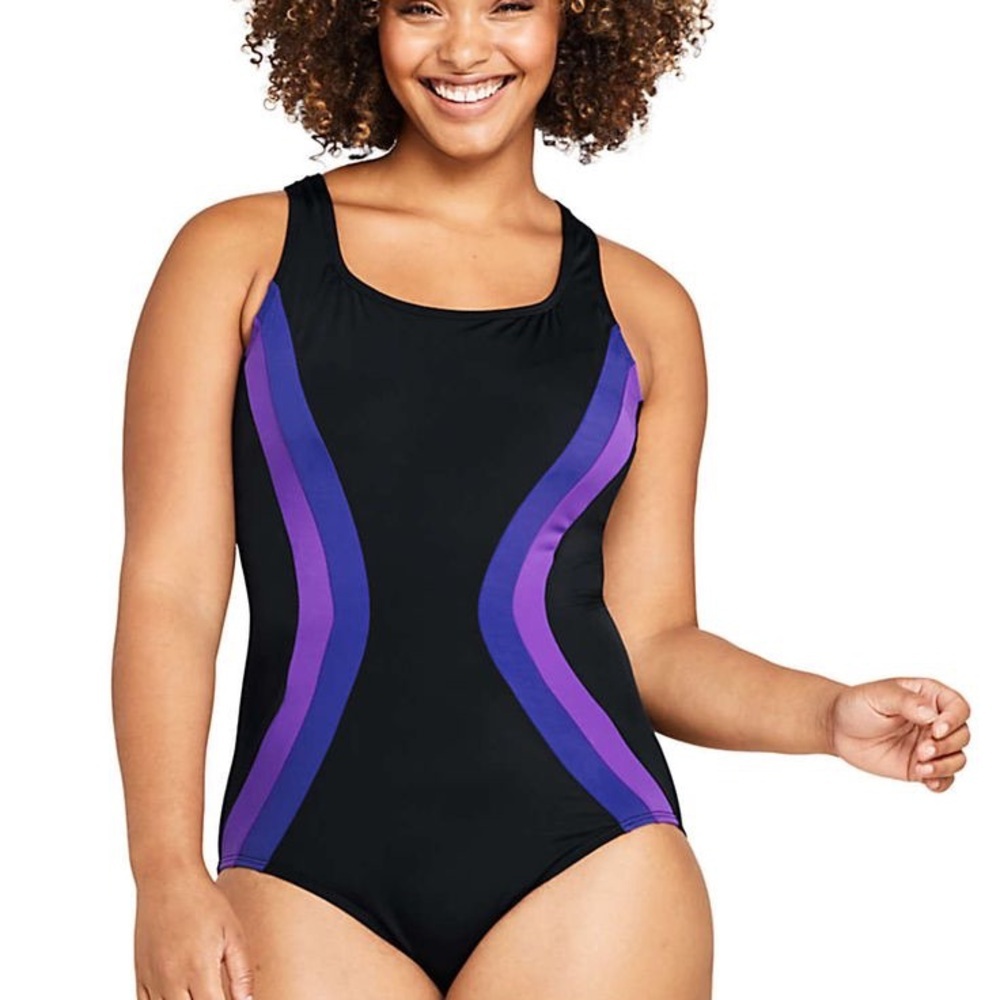New Lands' End Black and Purple One-Piece Swimsuit - Picture 4 of 5